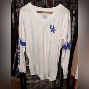 PINK Victoria's Secret White V-Neck Tee with Blue Knit Detail